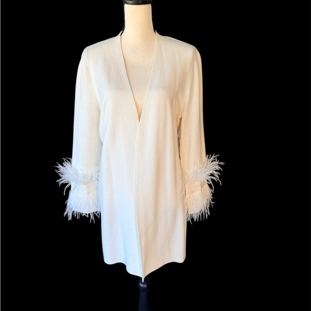 Elegant Cream Cardigan with Feather Cuffs